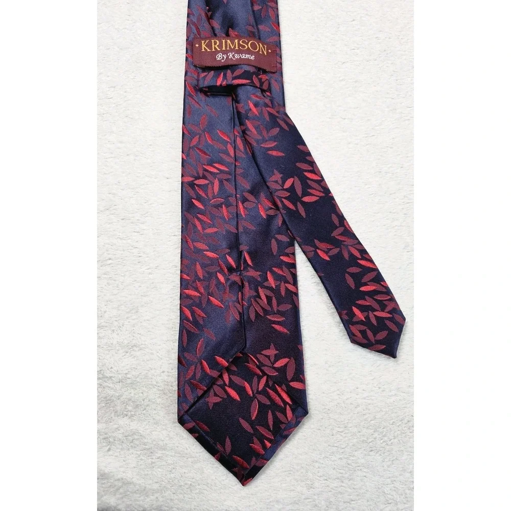 Krimson By Kwame Silk Tie Red Navy Floral Leaf Pattern Mens Necktie Modern 3